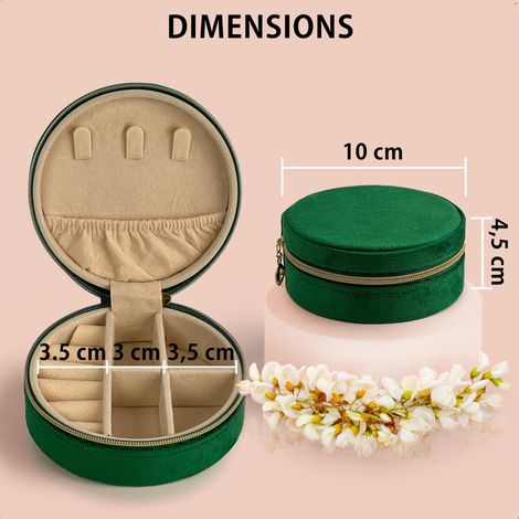 Boîte à bijoux de voyage - Boîte à bijoux ronde en velours avec fermeture éclair - Organisateur de bijoux - Verte (1/4)