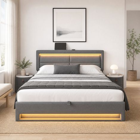 MEUBLIV Letto imbottito grigio 140x190 cm con testiera LED, USB e contenitore, senza materasso (1/5)