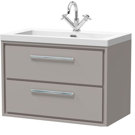 Balterley Longnor Modern Bathroom 2 Soft-Close Drawer Wall Hung Vanity Unit Fireclay Basin, Pebble Grey, 800mm