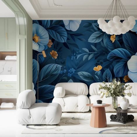 Papier Peint Floral - Jardin Bleu et Or - 150 x 250 cm (1/2)