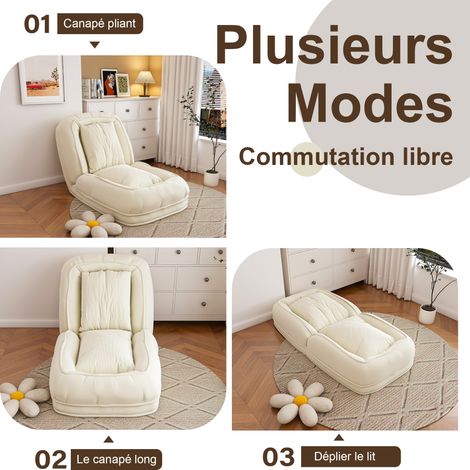 Canapé Lit Pliant Ergonomique pour Adultes et Animaux – 5 Positions Réglables (90°-180°) avec 2 Coussins, Divan Multifonction Gain de Place pour Salon, Chambre et Coin Lecture (Beige Crème) (1/5)