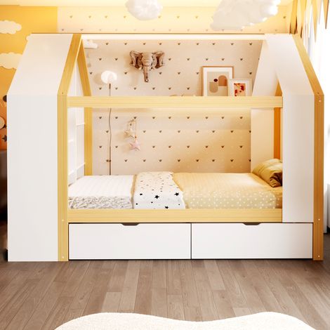 Lit cabane enfant 90x200 lit maison avec led - 2 tiroirs de rangement - espace de stockage intégré - blanc et naturel (1/5)