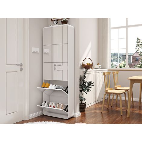 Scarpiera in MDF bianco con specchio a figura intera, 5 ante a ribalta, 176 cm