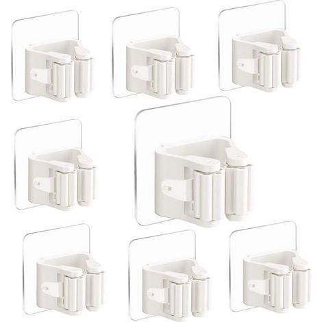 Porte-balais mural, support de serpillière autocollant, fixation murale, lot de 8, sans perçage, clip pour balai de cuisine, salle de bain et jardin (blanc) (1/4)