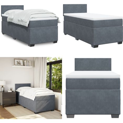 Giroletto a Molle con Materasso Grigio Scuro 90x200 cm Velluto - Materasso a molle insacchettate - Letto con testiera