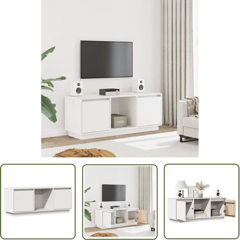 The Living Store Meuble TV Blanc 110,5x35x44 cm Bois de pin massif - Meuble Tv - Meuble Téléviseur - Support Tv - Unité Tv - Bois De Pin (1/5)