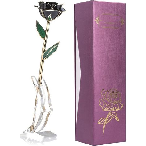 Rose en résine protéinée noire dorée 24 carats avec socle, cadeau idéal pour la Saint-Valentin ou un anniversaire. (1/5)