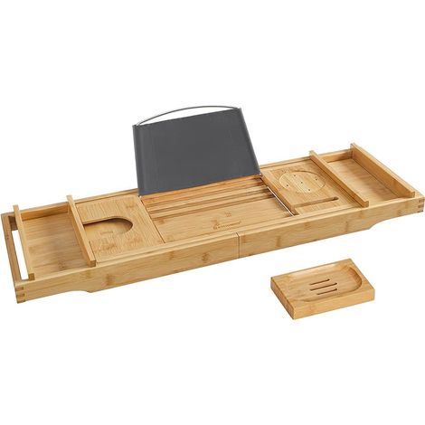 Songmics – Pont de baignoire extensible en bambou – Dimensions ajustables (75-109) x 23 x 4,5 cm – Avec porte-gobelet et porte-savon (1/5)