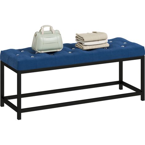 HOMCOM banco pie de cama, tapizado en terciopelo, banqueta para dormitorio, diseño capitoné, base de metal, para entrada, salón, recibidor, azul