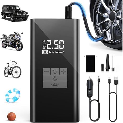 Compressore d'aria portatile 45 l/min con batteria da 6000 mAh - Gonfiatore rapido per pneumatici auto, supporto per power bank, luce LED - 4 modalità - Ideale per auto, biciclette, motociclette, pall