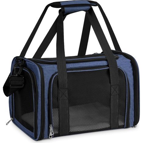 - Haustier-Transporttasche - Weiche, faltbare Box - Atmungsaktiv mit waschbarem Kissen und Sicherheitsgurt - Für Katzen und Hunde bis 5 kg - Dunkelblau - 43 x 28 x 28 cm (1/5)