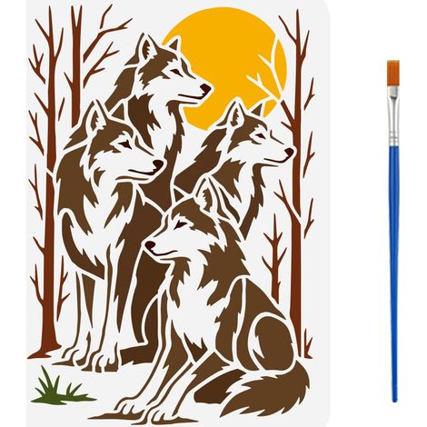 Pochoirs de Meute de Loups Avec Un Pinceau 29.7x21cm Pochoirs de Peinture D'Arbre de Forêt de Lune Modèle de Loups D'Animal Familier Modèle Décor Thème Animal pour Meubles Sol Mur Bois (1/5)