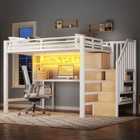 Lit Mezzanine 140x200 avec Bureau, Armoire, Étagères et Escalier de Rangement - Cadre en Métal Blanc et LED - Design Moderne (1/5)