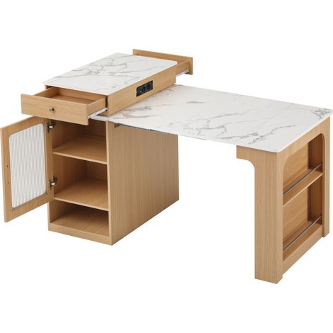 Isla de cocina con ruedas, mesa extensible con tablero extraíble y enchufes, natural (1/5)