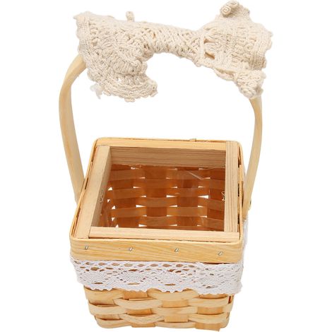 Panier en osier tissé fleuri avec anse, couche plastique, décoration nœud DIY, pour mariage, bureau, fruits, magasin. (1/5)