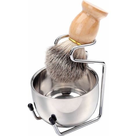 VURAHOME - Ensemble de rasage, 3pcs pur blaireau poils de blaireau manche en bois naturel avec support de blaireau en acier inoxydable et bol de savon à raser pour hommes-