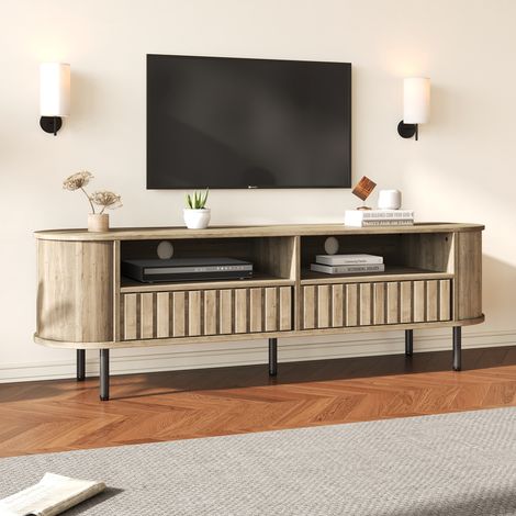 Meuble TV 160x40x48 cm - Avec 2 tiroirs - 2 compartiments de rangement semi-ouverts - MDF - Naturel
