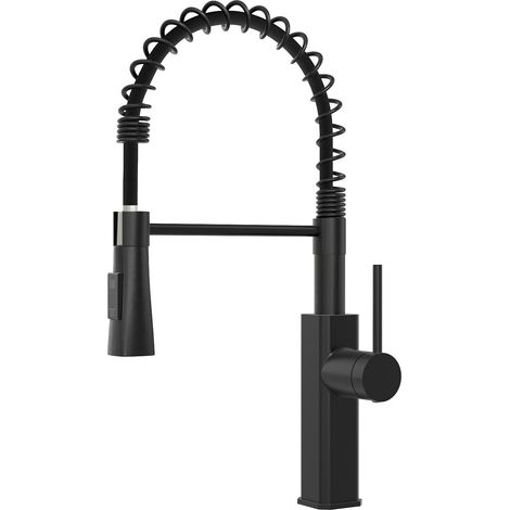 Robinet de cuisine haute pression extensible avec douchette 2 types de jets, mitigeur monocommande pour évier de cuisine, pivotant à 360°, en acier inoxydable (1/5)