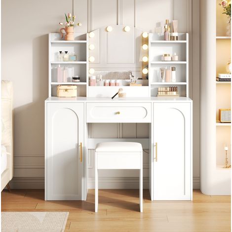 Toeletta in MDF bianco con specchio LED, 2 armadi, 1 cassetto e sgabello (1/5)