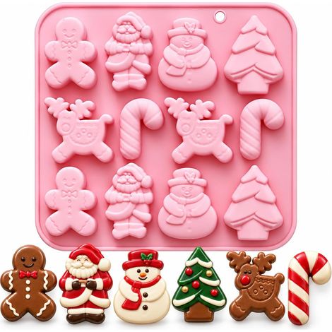Moule de Noël en Silicone - 12 Cavités pour Chocolat, Bonhomme de Pain d'Épices, Arbre, Sucre d'Orge, Bonhomme de Neige, Père Noël, Élan - Moule à Savon pour Décoration (1/5)