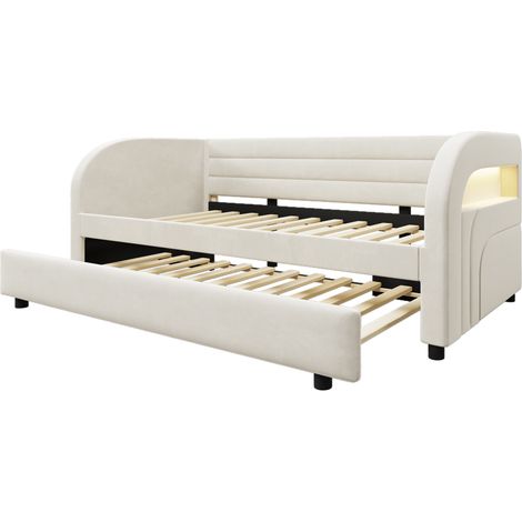 Letto piattaforma imbottito 90x200 con letto estraibile e illuminazione LED, beige, MODENUIT (1/5)