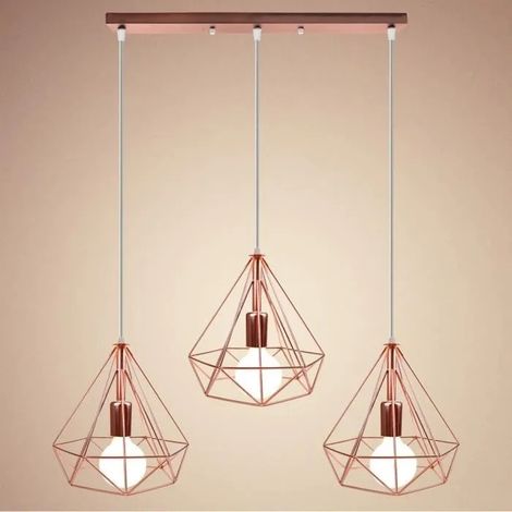 Lustre Suspension en Cage Diamant Métal Lampe Plafonnier Moderne Style Industrielle pour Salon Chambre Or rose (1/4)