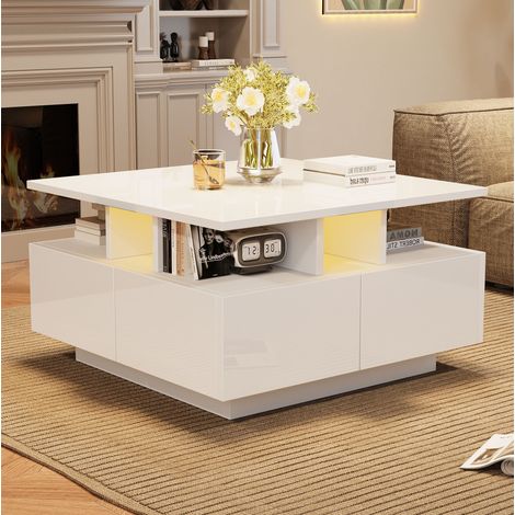 Tavolino da salotto 70 x 70 x 40 cm con LED e 4 cassetti HAVRYA (1/5)