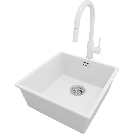 PRIMAGRAN Evier Sous Plan 46x47cm, Evier en Granit 1 bac + Robinet 40x20cm + Kit de Vidage, Évier au meuble 50cm - London, Blanc (1/5)