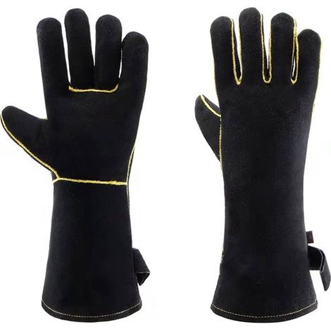 1 paio di guanti da barbecue in pelle resistenti al calore, lunghi, taglia unica, guanti da forno, guanti da camino, guanti da cucina, neri (1/5)