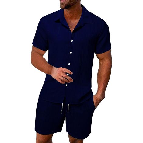 Traje de verano para hombre - Corte ajustado - Transpirable - Conjunto de dos piezas - Incluye camisa y pantalón corto - Tejido texturizado - Ropa de playa