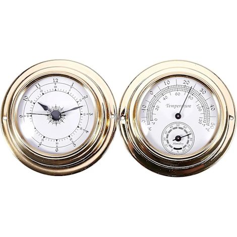 /NN/Thermomètre, hygromètre, baromètre, horloge, ensemble complet de 2 horloges, station météo F2 Or (1/2)