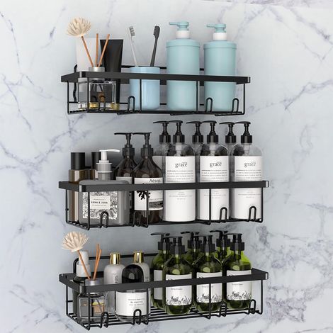 Lot de 3 Etagère Douche sans Percage, Etagere Salle de Bain Rangement, Accessoire de Salle de Bain en Acier Inoxydable 304, Rangement Douche Noir (1/5)