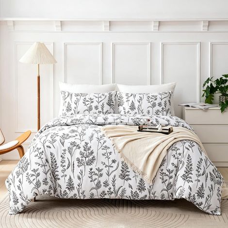 Bettwäsche-Set 200x200 cm 3-teilig Mikrofaser Botanisch Weiß Pflegeleicht