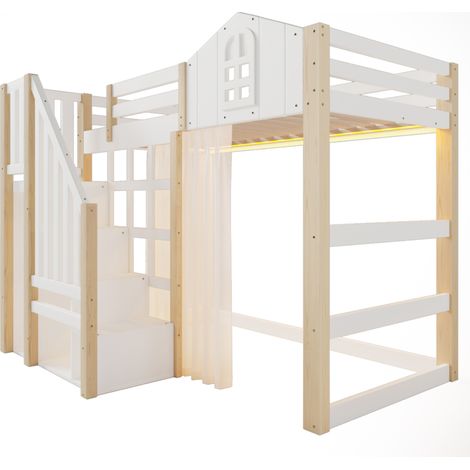 Cama alta 90x200 cm con LED, ventana y escalera con almacenaje blanco natural (1/5)