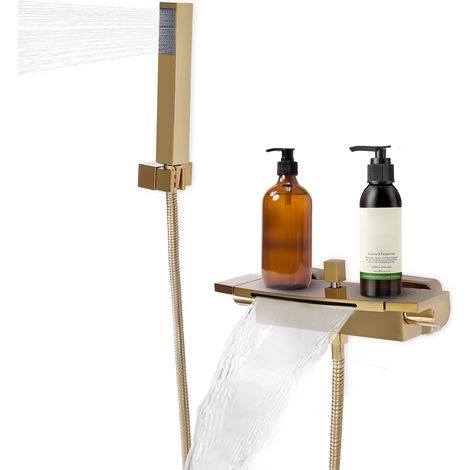 Robinet de Baignoire Cascade, Mitigeur Baignoire avec Douchette, Mitigeur Bain Douche Mural, Laiton, Or (1/5)