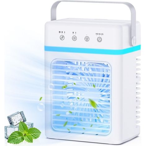 Mini-Tragbare Klimaanlage 900 ml, Verdunstungsluftkühler mit 3 Kühlstufen, 3 Nebelmodi, 2/4/6-Stunden-Timer, LED-Beleuchtung, 10-W-USB-Netzteil (1/4)