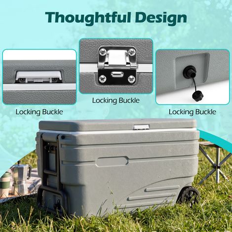 Glacière grise à roulettes 84 qt en HDPE avec poignée pliable, isolation PU et bouchon de vidange pour camping, plage et pêche
