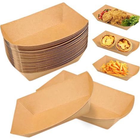 Lot de 100 bols en carton kraft étanche - En carton kraft - Pour frites, collations, macarons - (18 x 12 x 2,5 cm) (1/5)