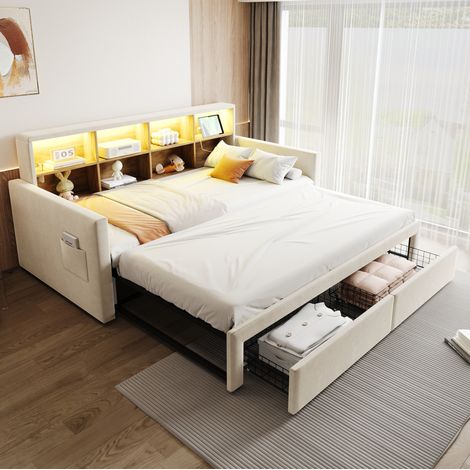 Cama banqueta extensible 90x190 cm con LED, enchufes y 2 cajones, terciopelo beige DESVIAE (1/5)