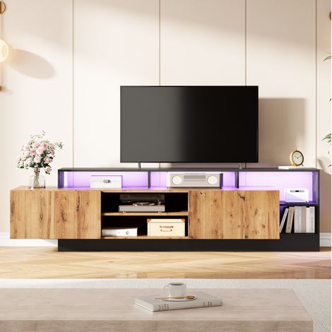Mobile TV in pannello truciolare rovere e nero 190x40x48.5 cm con LED USB, 2 ante a ribalta e vani aperti (1/5)