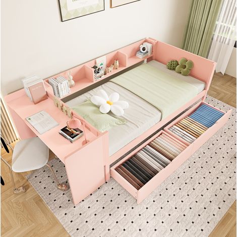 MEUBLIV Cama 90x200 cm rosa – con escritorio y almacenaje, sin colchón (1/5)