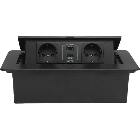 Multiprise de bureau encastrée avec 2 prises USB Type C et charge rapide 20 W, idéale pour la maison, les centres commerciaux et les bureaux (noir). (1/5)
