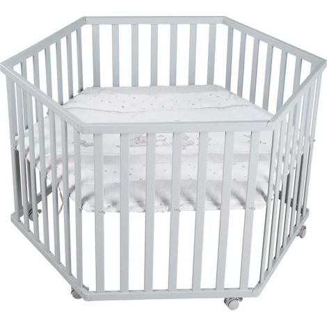 Wachsender Babypark hexagonal - ROBA - STERNENZAUBER - Gepolsterter Bezug - Elefantenmuster - 6 Bremsräder - Grau lackiertes Holz (1/5)