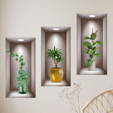 3D Sticker Mural Plantes 20 x 40cm Décoration Murale Sticker Plante Auto Adhésif Cuisine Trompe L'oeil Mural Stickers Muraux Vases Autocollant D'Effet,pour Chambre Muraux Salon (1/4)
