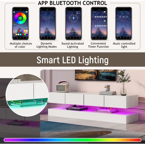 Meuble TV mural LED 130x33x15cm 2 armoires 4 grands tiroirs compatible TV jusqu’à 55 pouces blanc. (1/5)