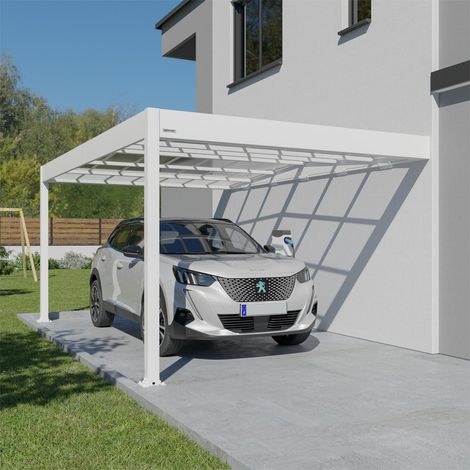 Trigano – Carport adossé aluminium blanc 16 m² – Résistant aux intempéries – Supporte jusqu'à 20 cm de neige – Largeur de passage 3,05 m