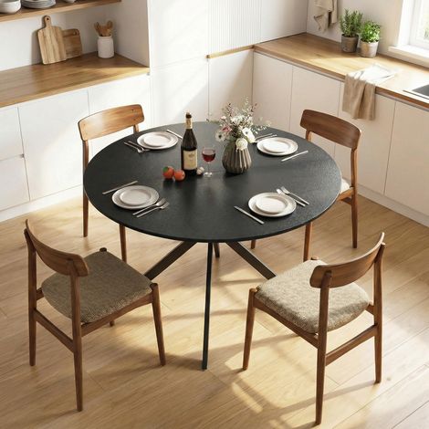 Table de salle à manger ronde pour 4 personnes, style industriel, pieds en acier, noire, idéale pour la cuisine ou la salle à manger. (1/5)