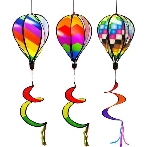 3er Set Heißluftballon Windspinner 130cm Regenbogen Garten Deko Hängend