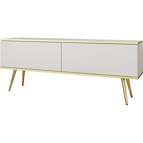Meuble TV Banff RTV135 - Blanc - Pieds Dorés - Largeur 135 cm, Hauteur 53 cm, profondeur 32 cm (1/3)