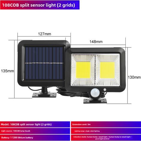 Lámpara solar exterior impermeable con sensor de movimiento, luz de jardín, aplique de pared, luz de garaje (lámpara solar de inducción dividida COB 108) (1/5)
